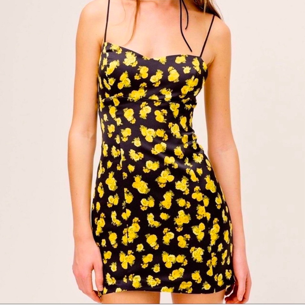 For love and lemons, black mini dress with yellow flowers